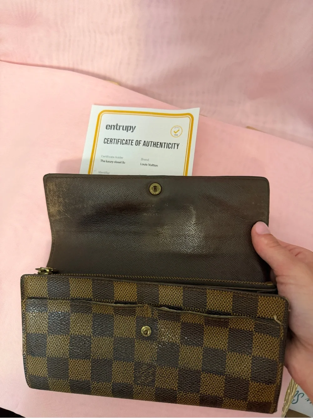 Louis Vuitton Brown Checkered Damier Ebene Continental Wallet with Gold Hardware